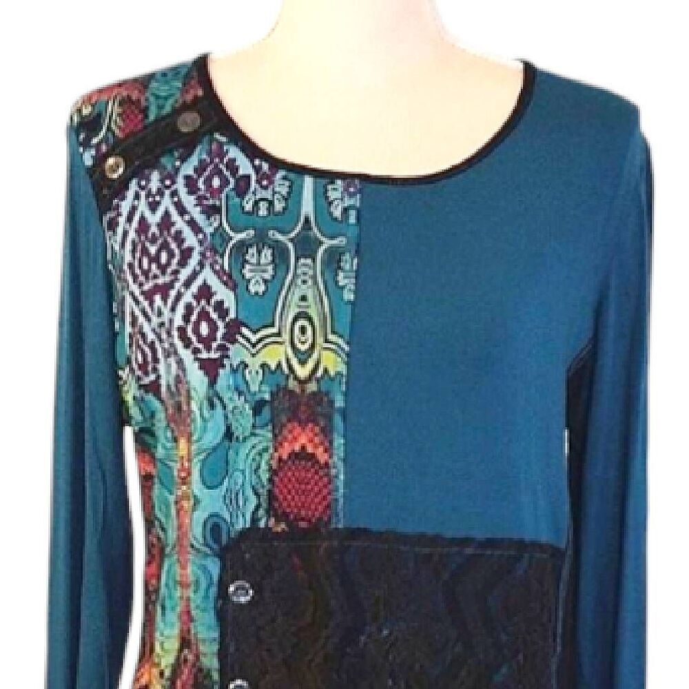 VTG Turquoise Multimedia Patchwork Long Sleeve Fa… - image 3